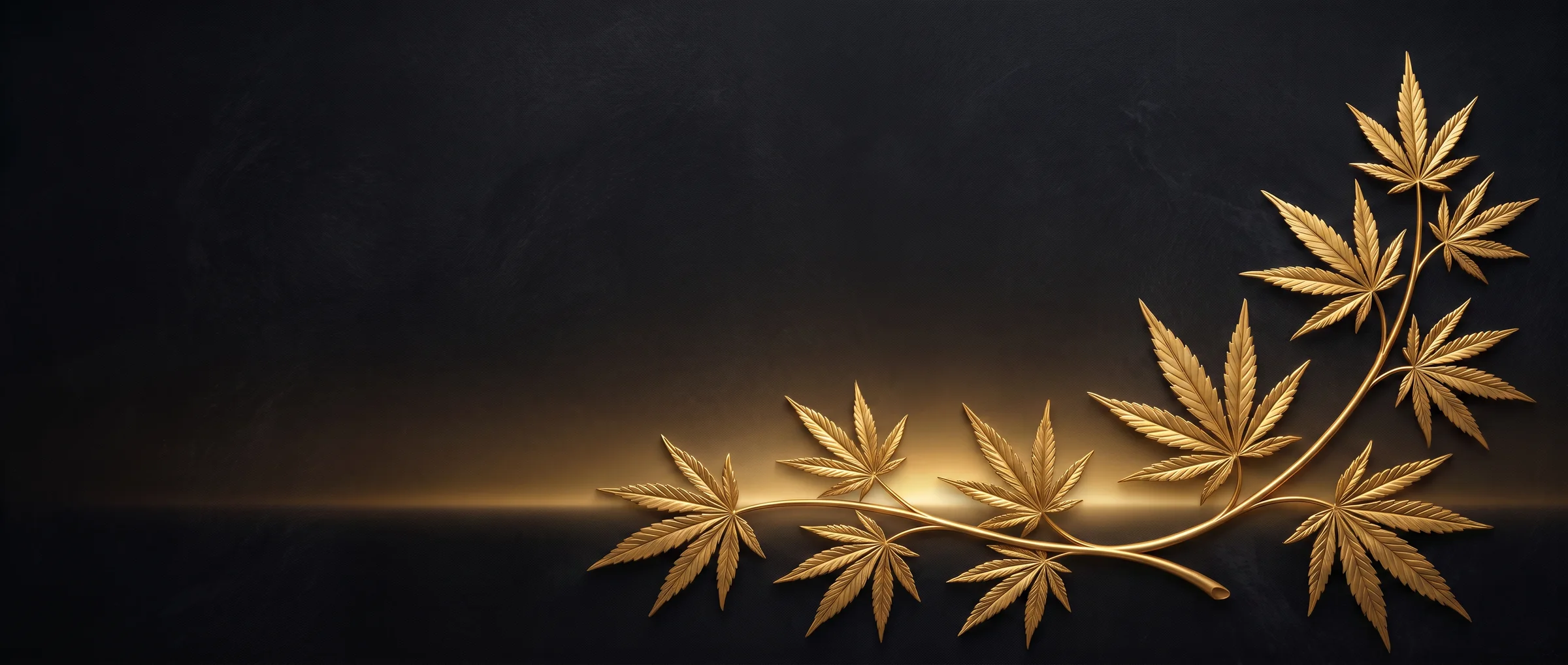 Geprägtes goldenes Hanfblatt mit weichem Goldschein auf schwarzem Grund — Sinnbild für Hanf als „grünes Gold“ und für bleibende Werte.