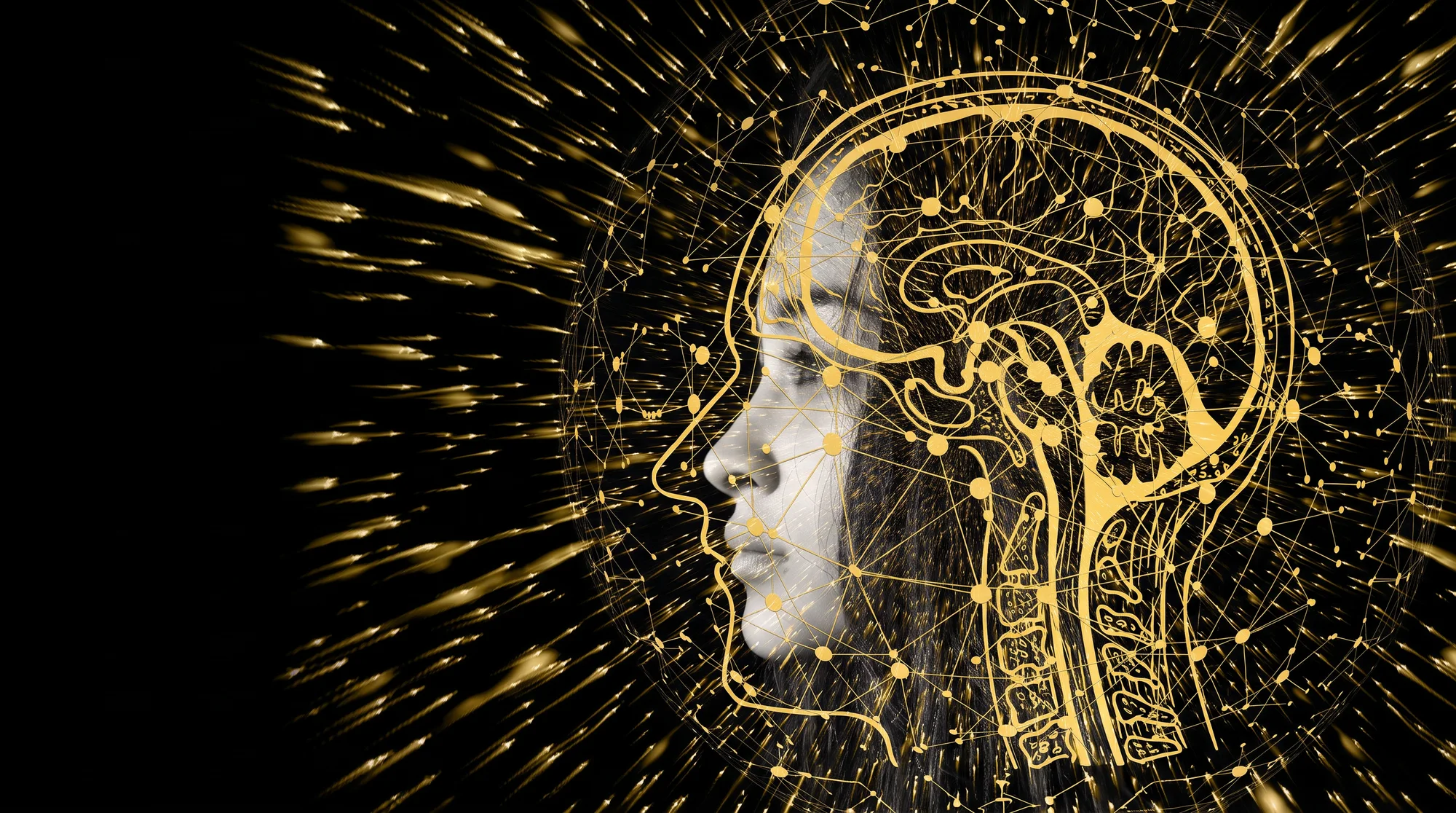 Editoriale Illustration: menschlicher Kopf im Profil, gebildet aus einem goldenen neuronalen Netzwerk auf schwarzem Grund — Symbol für IT-Kompetenz und verantwortungsvolle künstliche Intelligenz.